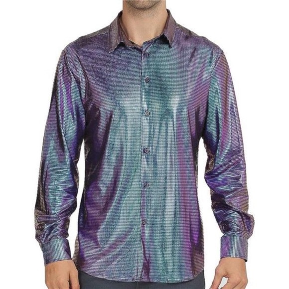 Men Dress Shirt Sequins LongSleeve ButtonDown Shirt Luxury Disco Party Nightclub - Picture 1 of 7